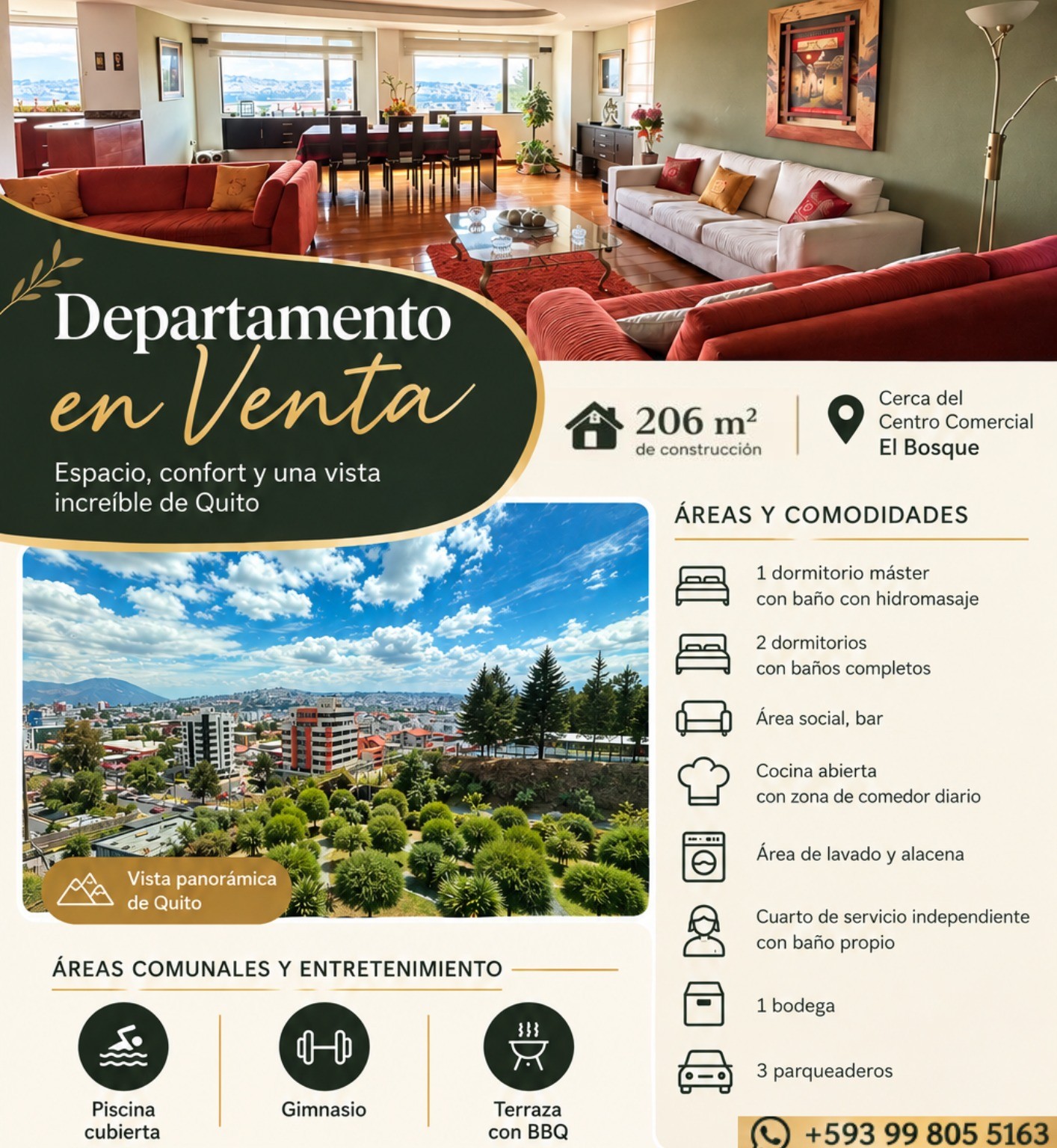 AMPLIO DEPARTAMENTO CON VISTA PANORAMICA DE QUITO — imagen 4