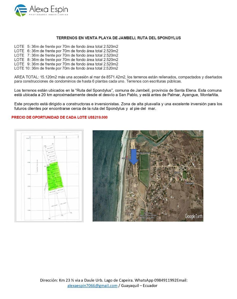 Terreno en Venta 2520 m², Beach Front en Ruta del Spondylus. Sector Jambeli. Provincia de Santa Elena — imagen 6