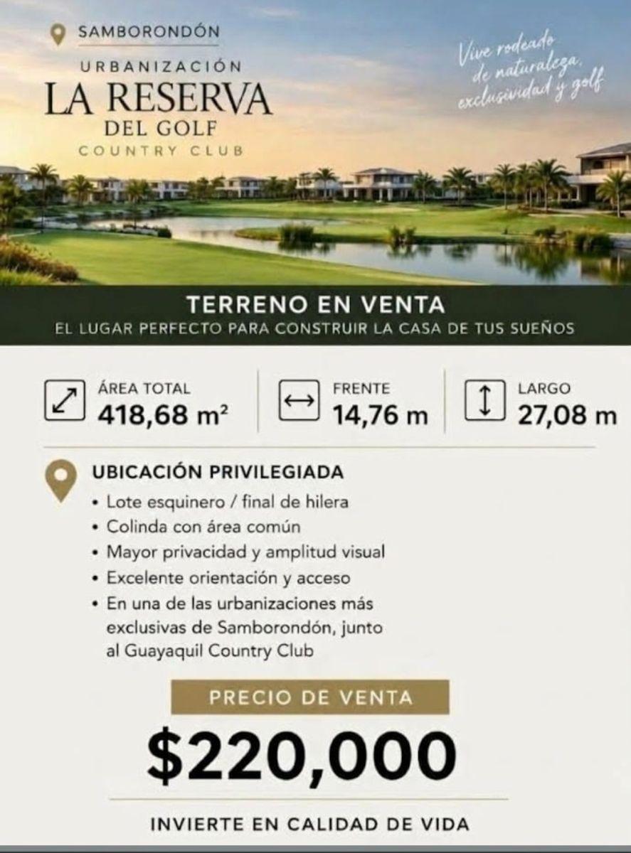 Venta de Terreno Esquineroen La Urbanización La Reserva del Golf, Guayas — imagen 3