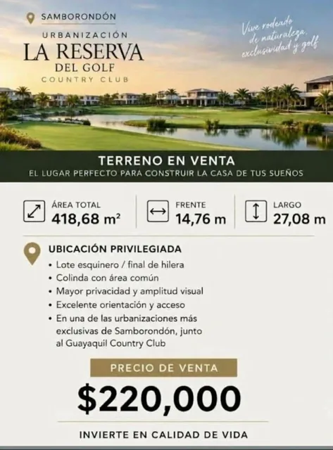 Venta de Terreno Esquineroen La Urbanización La Reserva del Golf, Guayas — imagen 4